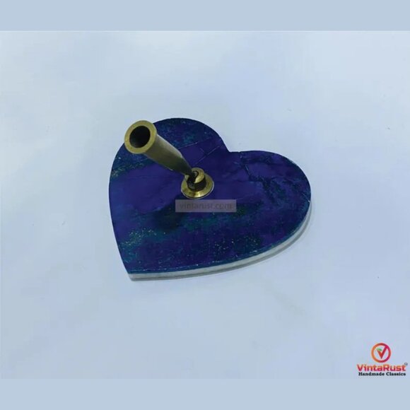 Heart Shaped Lapis Lazuli Pen Holder: Handmade Brass Desk Accessory - Picture 2 of 4